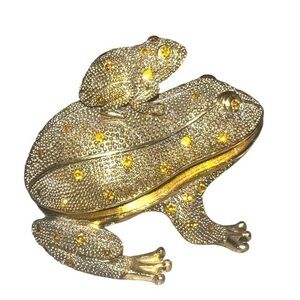 Vintage ▶️Bombay ◀️ Jeweled Brass Frog Trinket Box/Desk Set